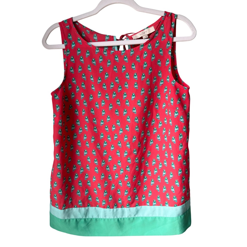 NEW Loft Sleeveless Top Pink Green Novelty Print Parrot Bird Tie Back Small NWT